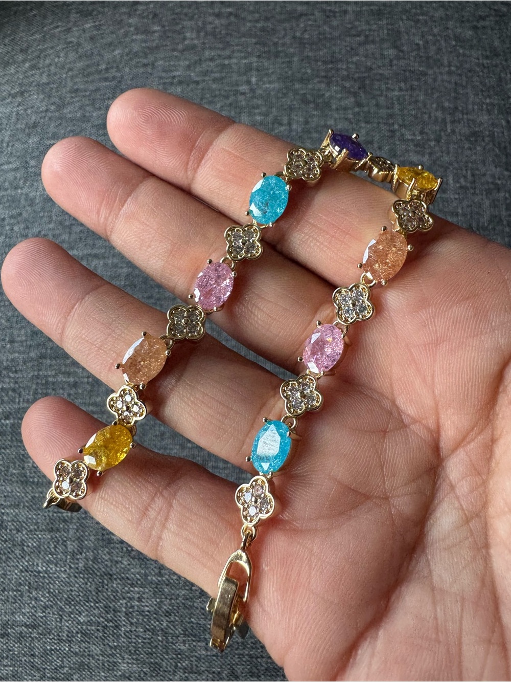 Multicolor Pastel CZ Clover Link Tennis Bracelet | Gold-Filled - Size 7 to 8